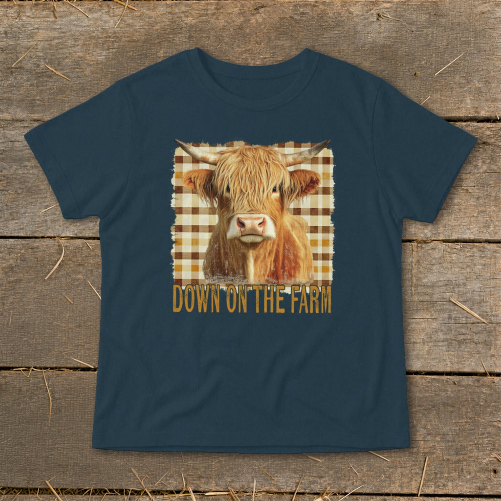 Dark navy t-shirt with Highland cow graphic and "Down on the Farm" text.