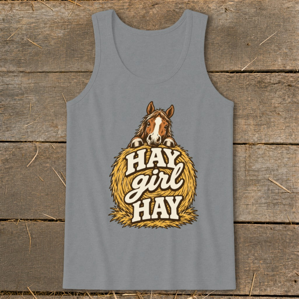 Grey tank top with a horse peeking over a hay bale with "Hay girl HAY" text.