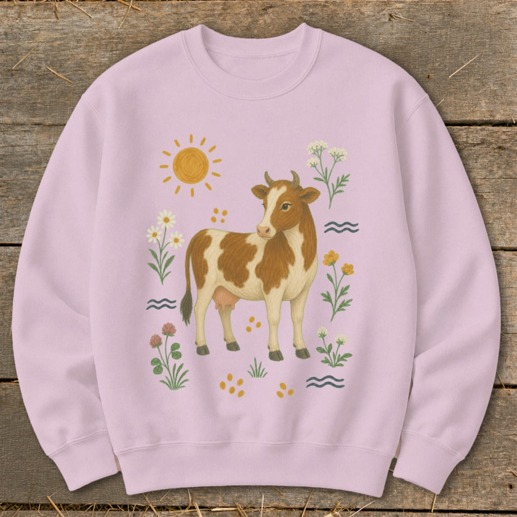 Pink sweatshirt with a watercolor illustration of a brown and white cow and wildflowers.