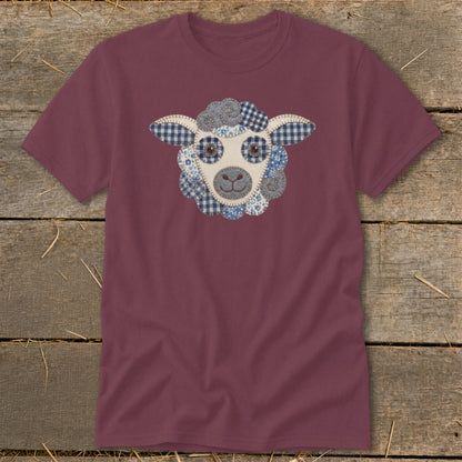 Burgundy t-shirt with a blue and white patchwork sheep face graphic.