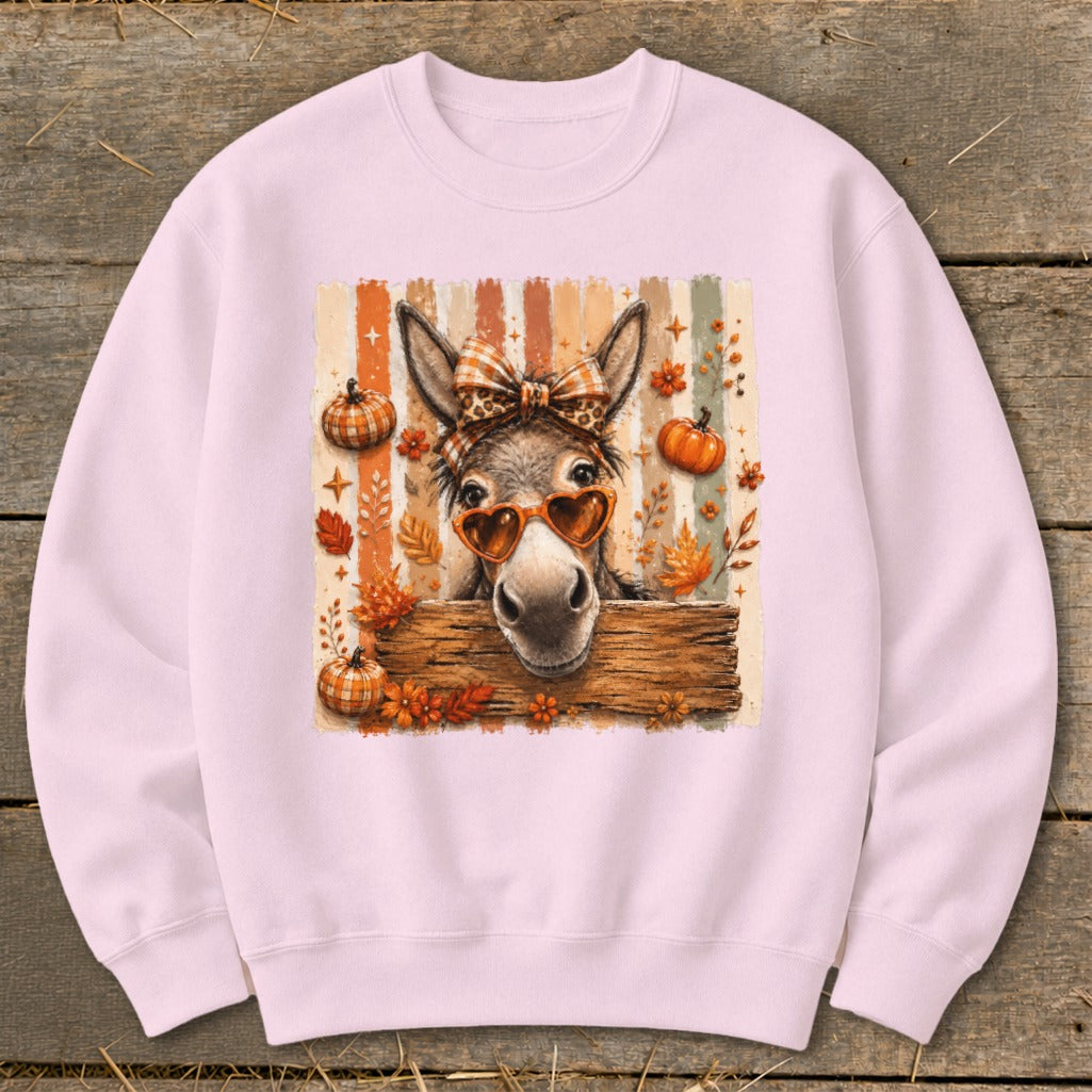 Donkey wearing heart sunglasses and bow on pink sweatshirt with fall graphic.