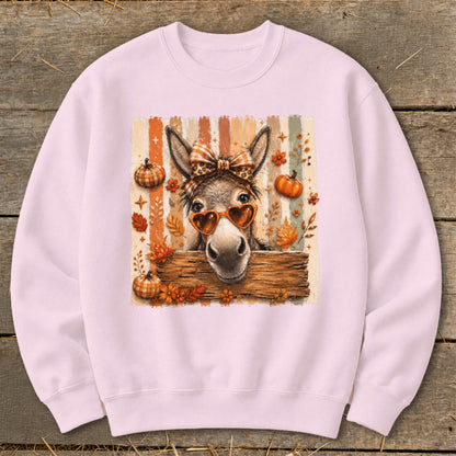 Donkey wearing heart sunglasses and bow on pink sweatshirt with fall graphic.