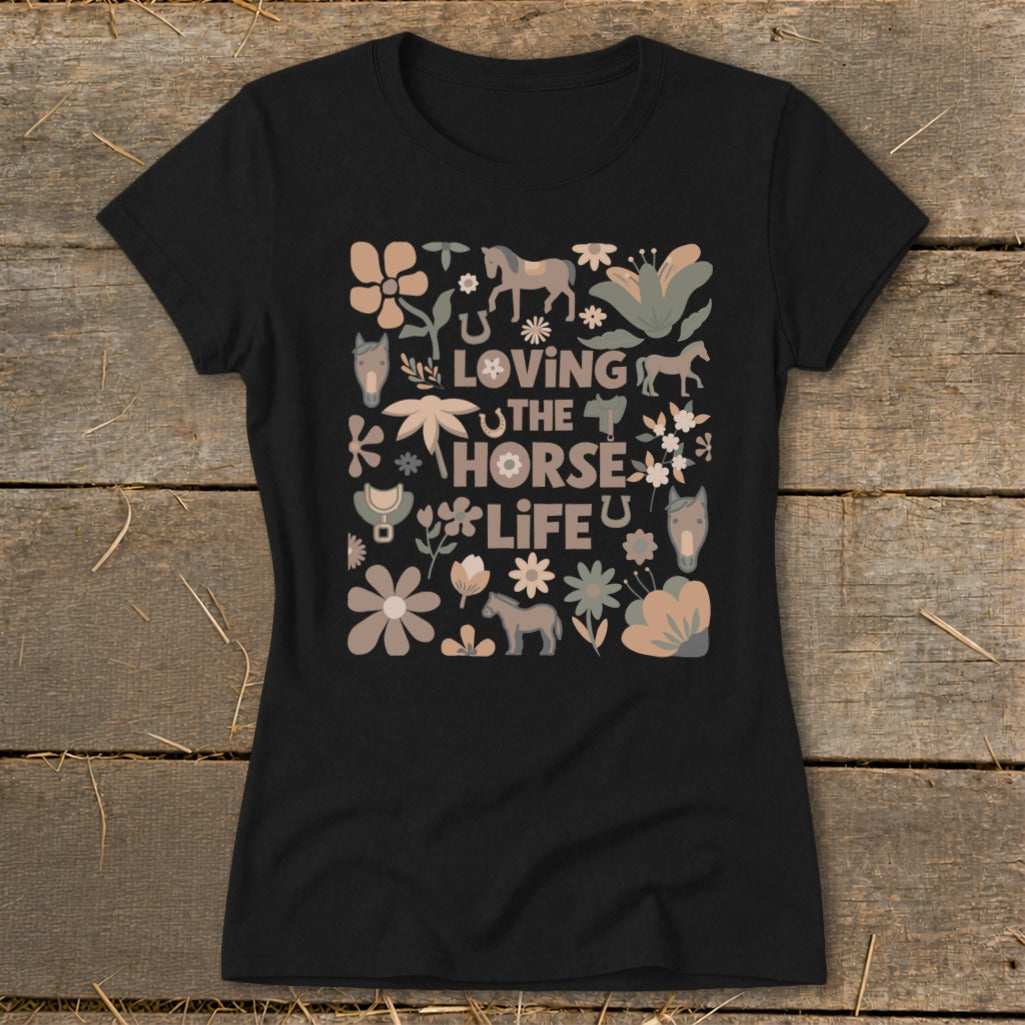 Black t-shirt with "Loving the Horse Life" and horse illustrations.