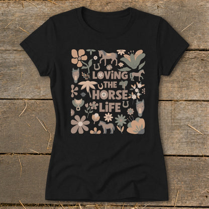Black t-shirt with "Loving the Horse Life" and horse illustrations.