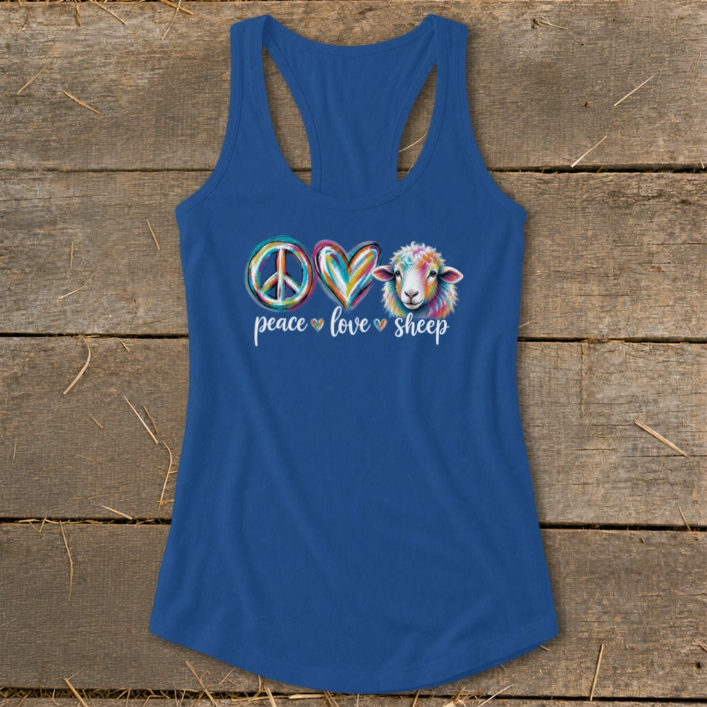 Blue tank top with colorful peace, heart, and sheep graphic and text.