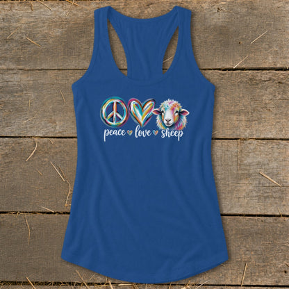 Blue tank top with colorful peace, heart, and sheep graphic and text.