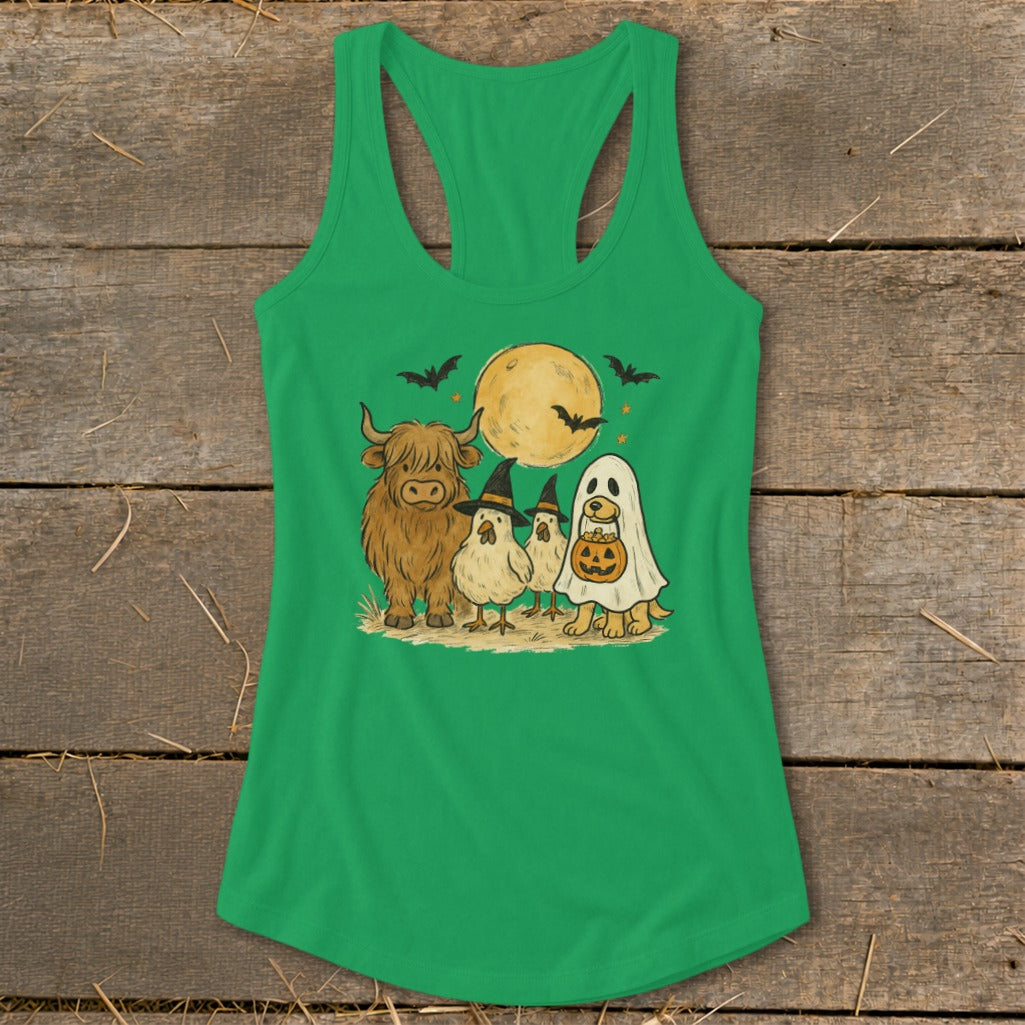 Highland cow, chickens, and dog in costumes under a full moon and bats.