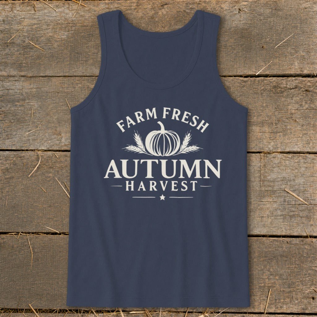 Navy tank top with "Farm Fresh Autumn Harvest" pumpkin graphic.