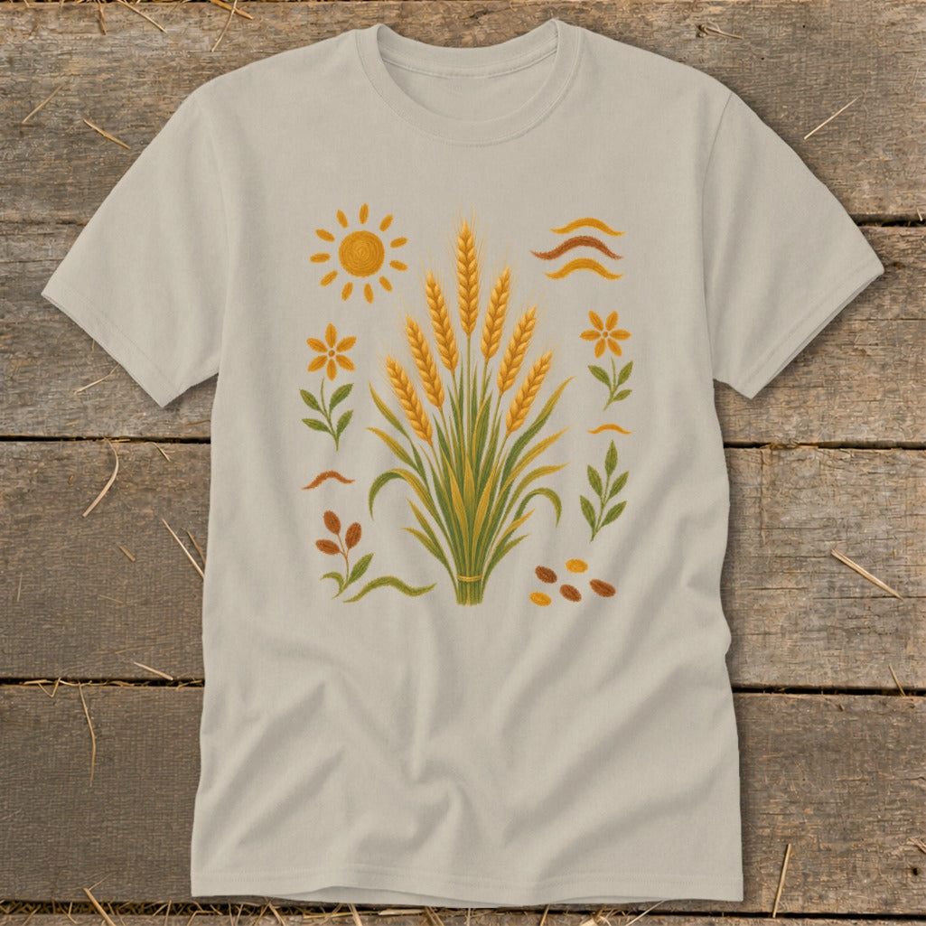 Light beige t-shirt with a wheat stalk design, sun, flowers, and leaves.