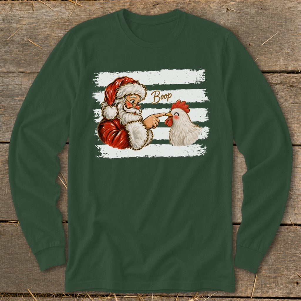Santa booping a chicken with "Boop" text on a white striped background.