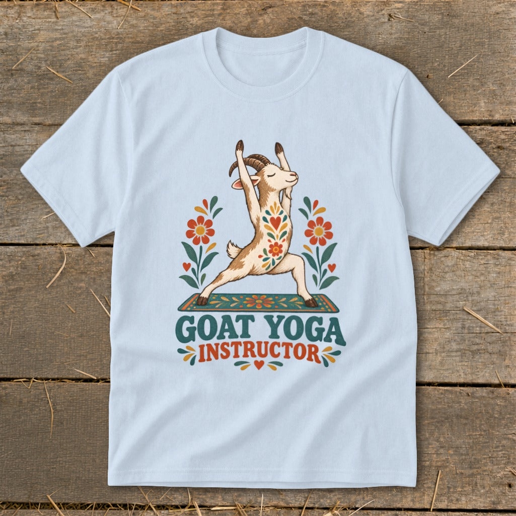 Goat doing yoga pose with flowers and text "GOAT YOGA INSTRUCTOR".