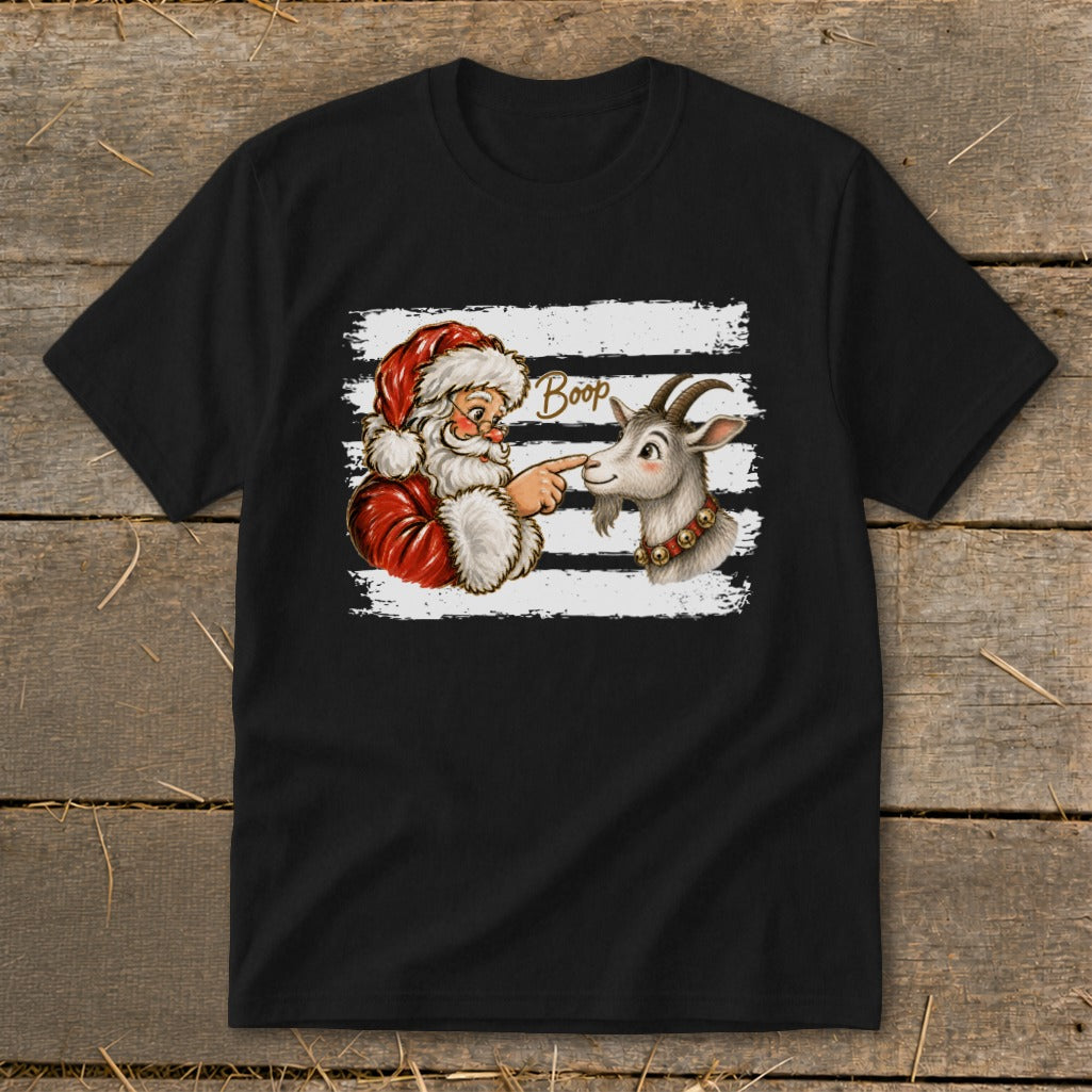 Santa booping a goat with the word "Boop" on a black t-shirt.