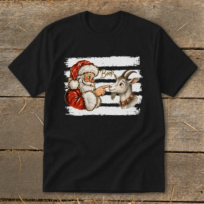 Santa booping a goat with the word "Boop" on a black t-shirt.