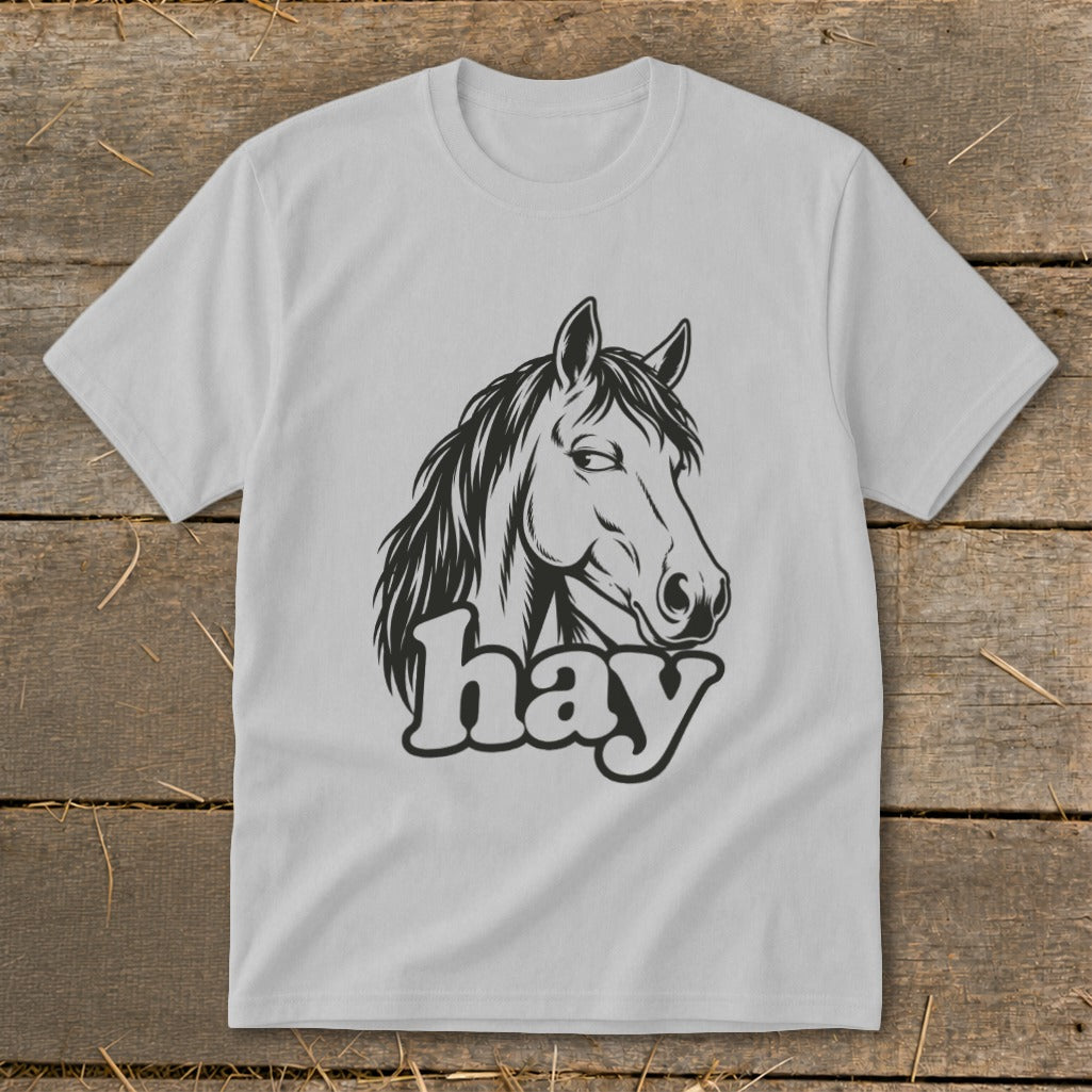 Light grey t-shirt with black graphic of a horse head and the word "hay".