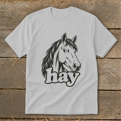 Light grey t-shirt with black graphic of a horse head and the word "hay".