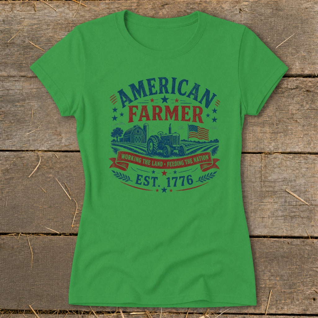 Green t-shirt with "American Farmer" graphic, tractor, barn, and flag.