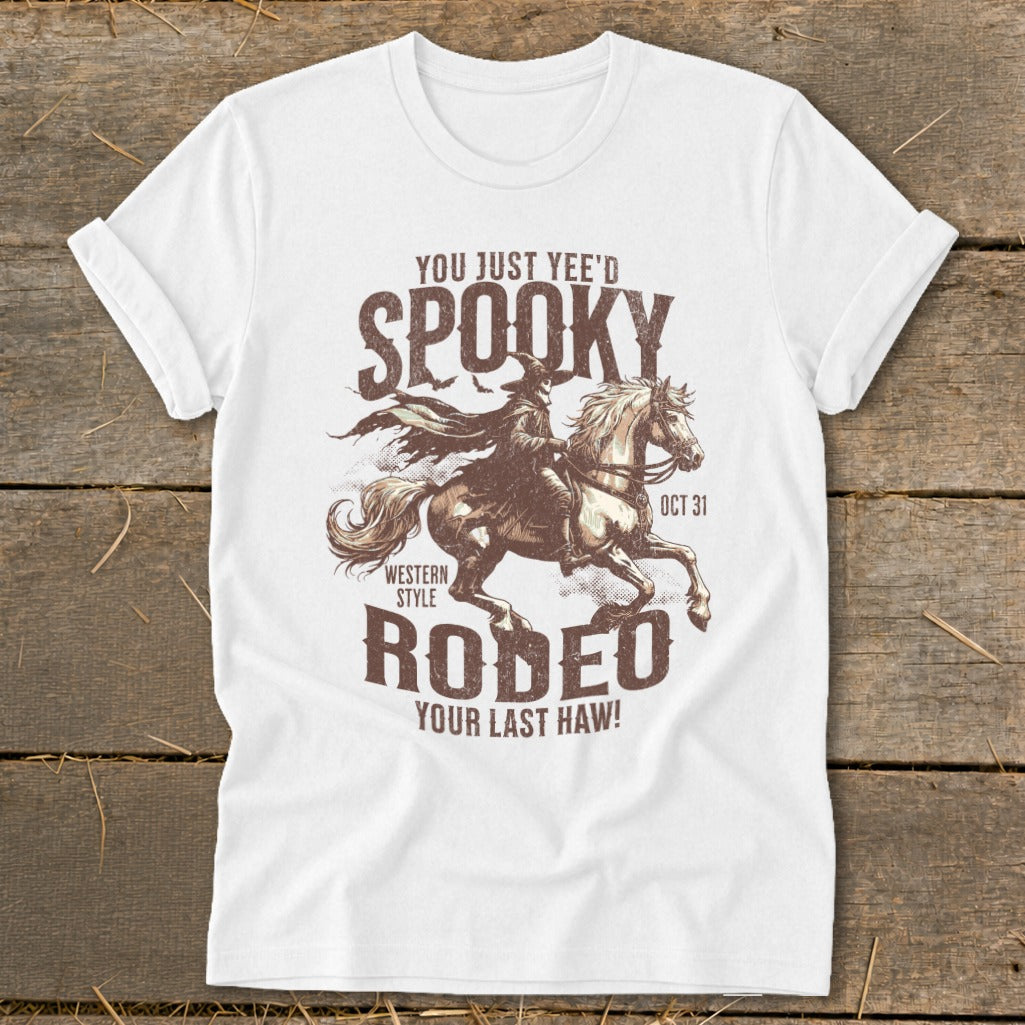 White t-shirt with spooky western rodeo design featuring a grim reaper on a horse.