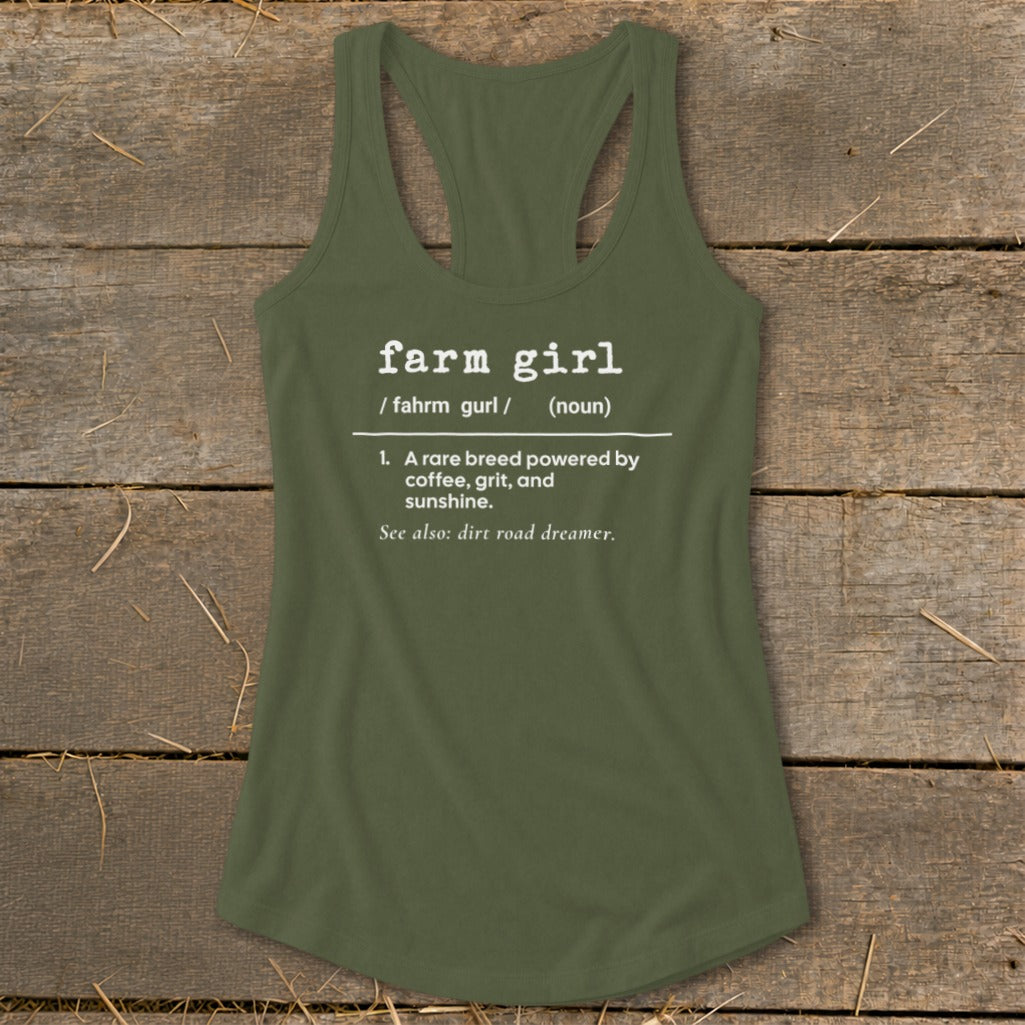 Green tank top with "farm girl" definition printed in white text.