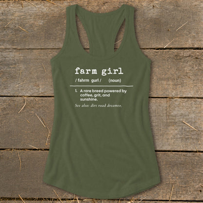 Green tank top with "farm girl" definition printed in white text.