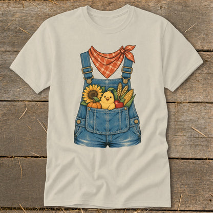 T-shirt with denim overalls graphic featuring a chick and fall harvest items.