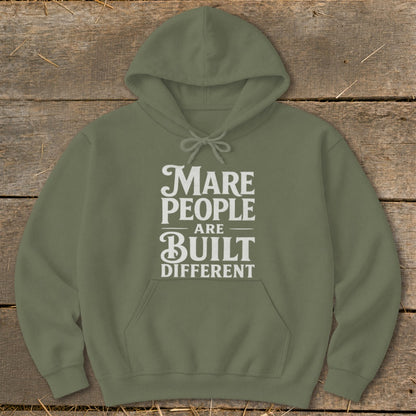 Olive green hoodie with white text: "Mare People Are Built Different"
