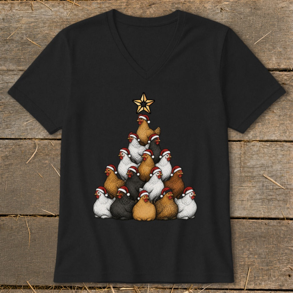 Black t-shirt with a Christmas tree made of chickens wearing Santa hats.