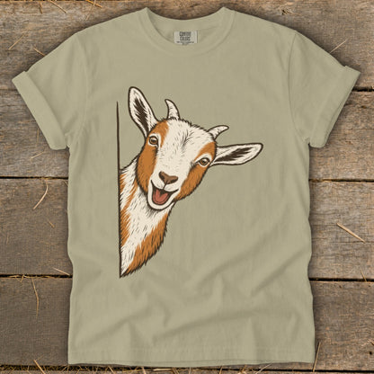 Tan t-shirt with illustration of a goat peeking from the side.