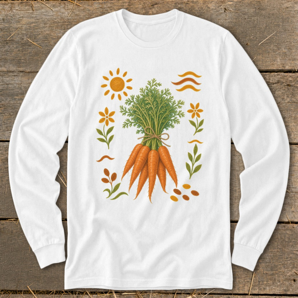 Long-sleeve white t-shirt with a bouquet of carrots and floral accents.