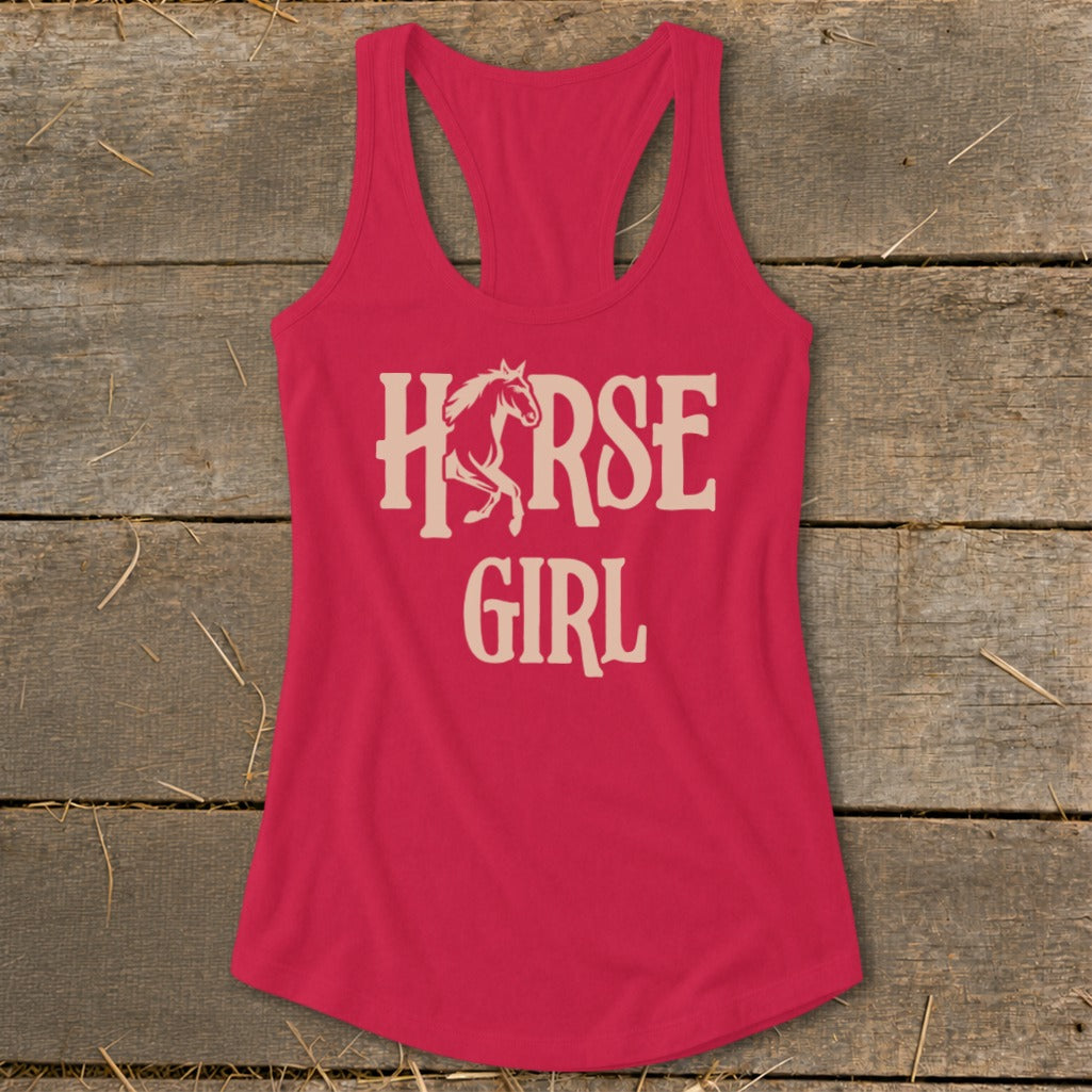 Pink racerback tank top with "HORSE GIRL" text and a horse graphic.