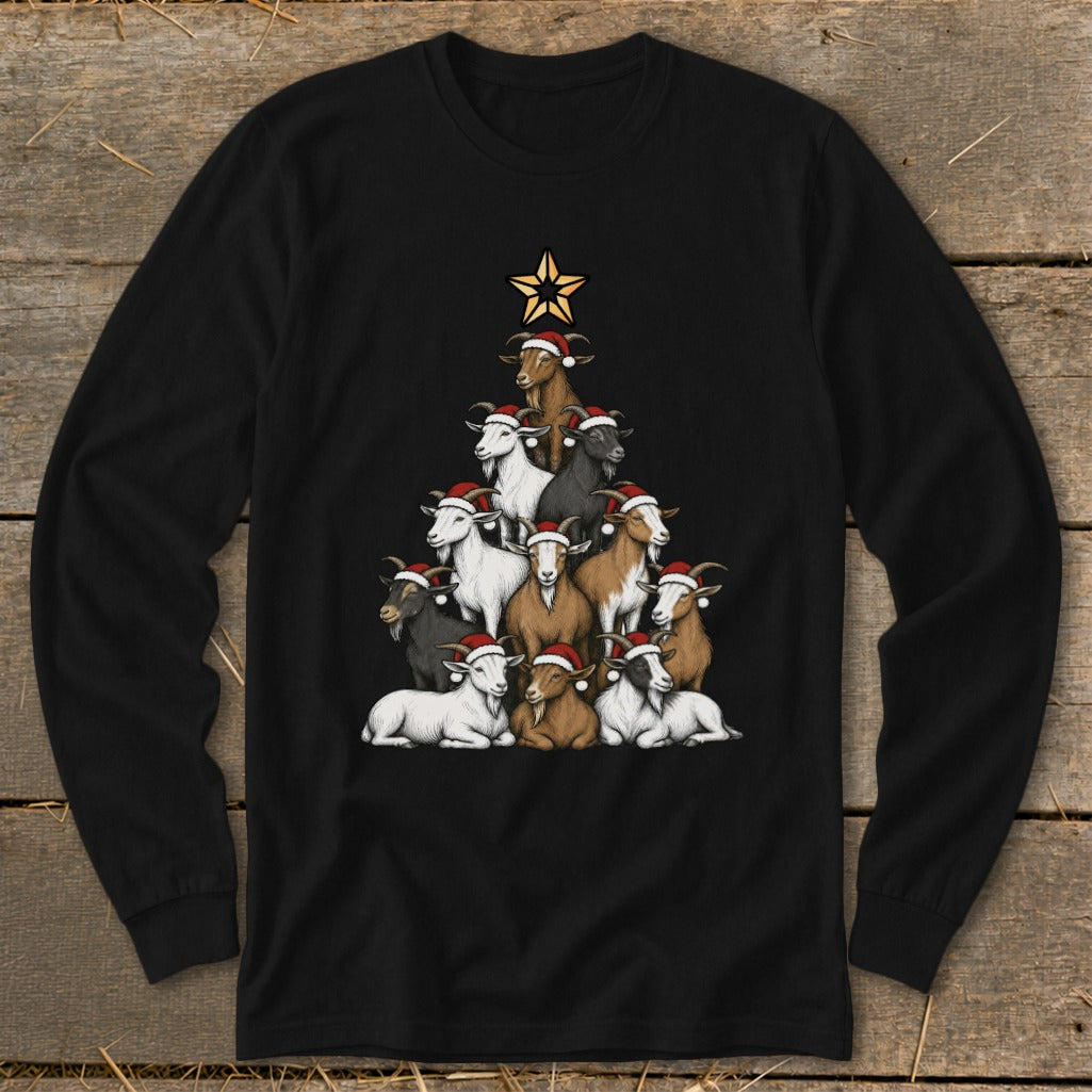 Goats wearing Santa hats arranged in a Christmas tree shape with a star on top.