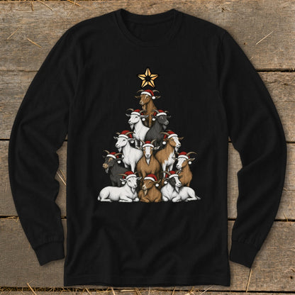 Goats wearing Santa hats arranged in a Christmas tree shape with a star on top.
