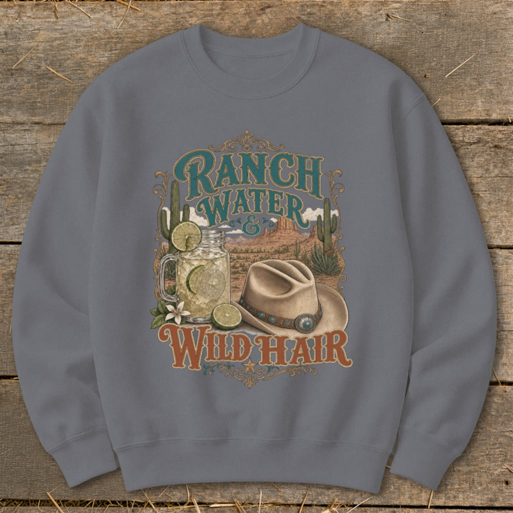 Cowboy hat, drink, cacti, and desert scene with text Ranch Water & Wild Hair.