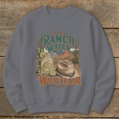 Cowboy hat, drink, cacti, and desert scene with text Ranch Water & Wild Hair.