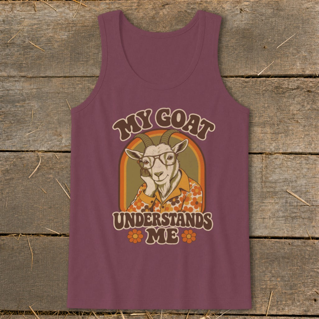 Maroon tank top with retro graphic of a goat wearing glasses and a floral shirt that reads "MY GOAT UNDERSTANDS ME".
