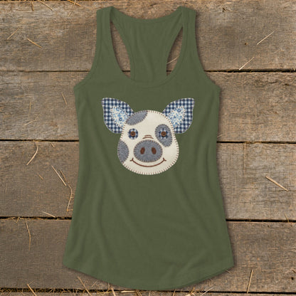 Olive green racerback tank top with a pig face applique.