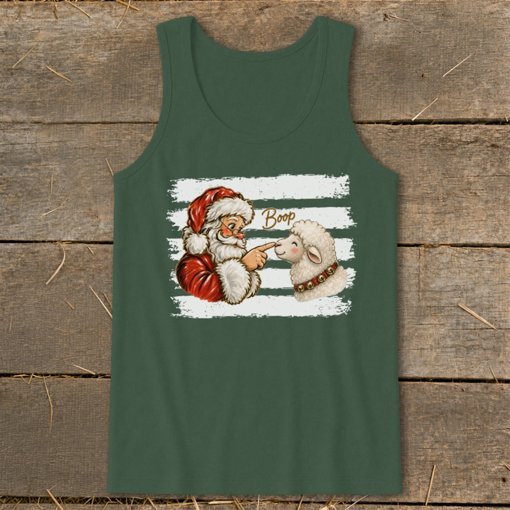 Santa booping a sheep with the word "Boop" on a green tank top.