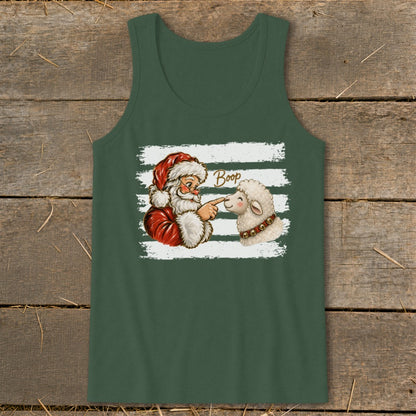 Santa booping a sheep with the word "Boop" on a green tank top.