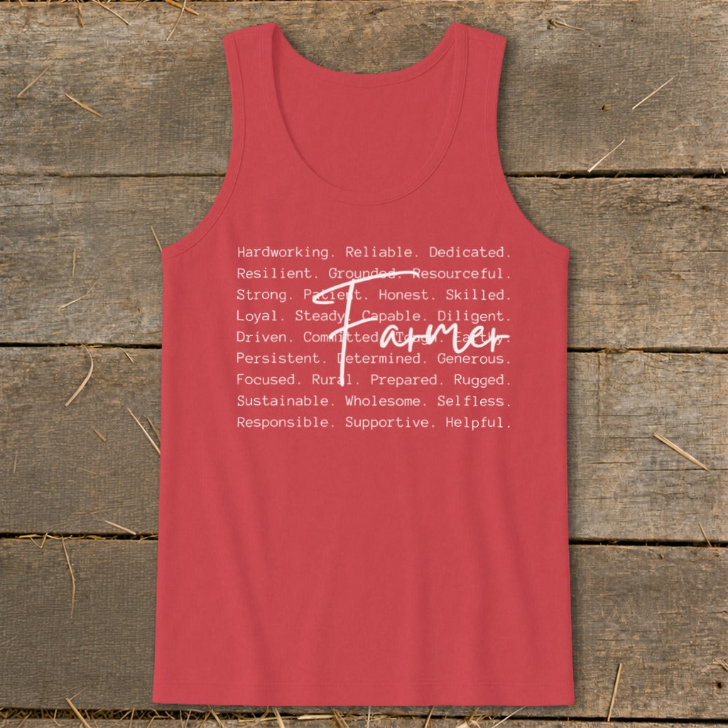 Red tank top with white text listing farmer attributes and the word "Farmer".