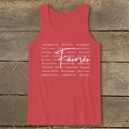Red tank top with white text listing farmer attributes and the word "Farmer".