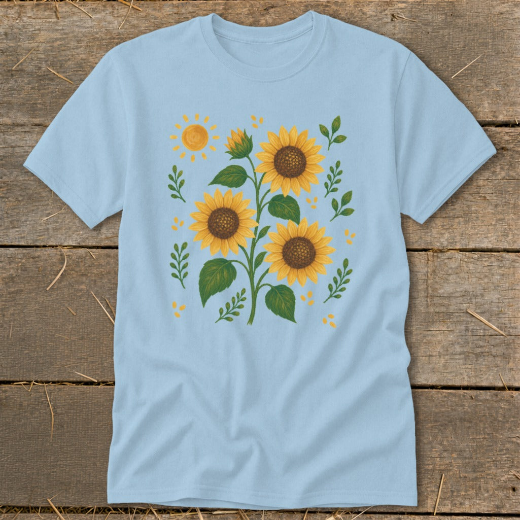 Light blue t-shirt with a bouquet of sunflowers and a sun illustration.