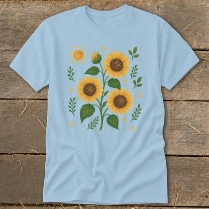 Light blue t-shirt with a bouquet of sunflowers and a sun illustration.