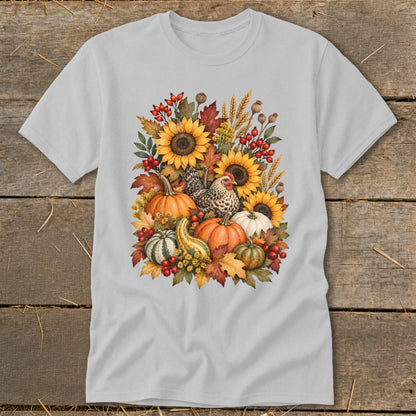 Light gray t-shirt with a colorful autumnal harvest graphic featuring sunflowers, pumpkins, and a chicken.