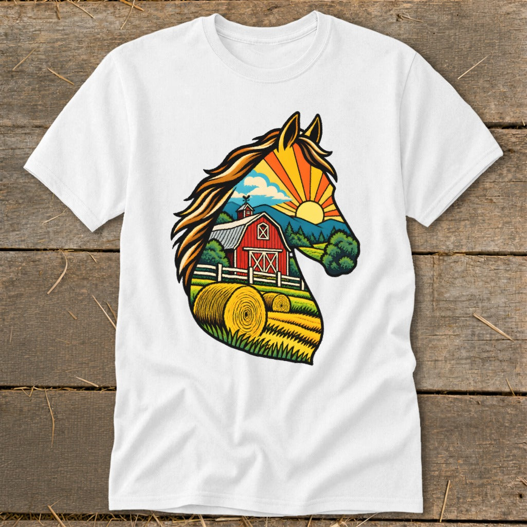 A white t-shirt featuring a colorful illustration of a horse silhouette filled with a farm landscape.
