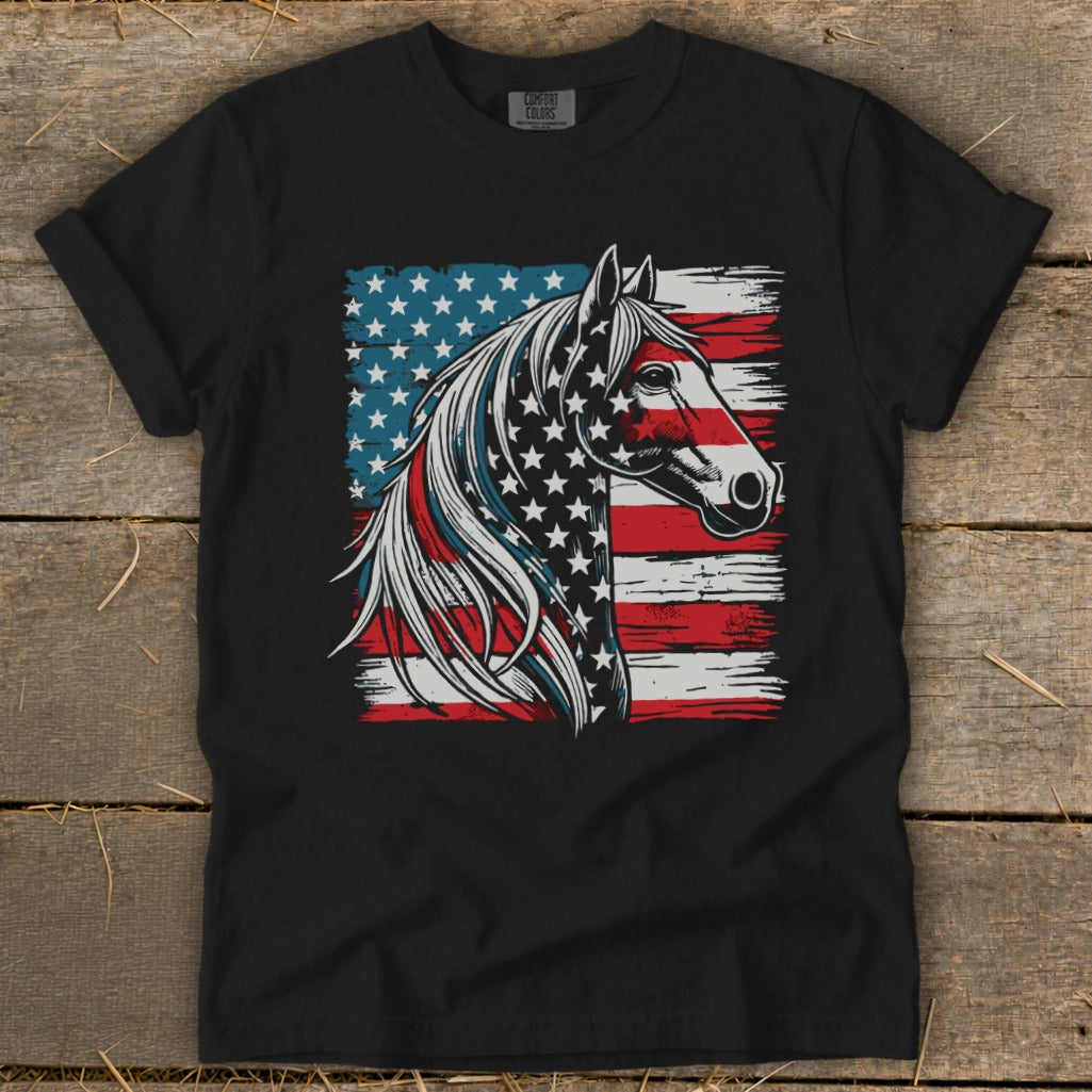 Horse head with American flag design on black t-shirt