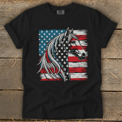 Horse head with American flag design on black t-shirt
