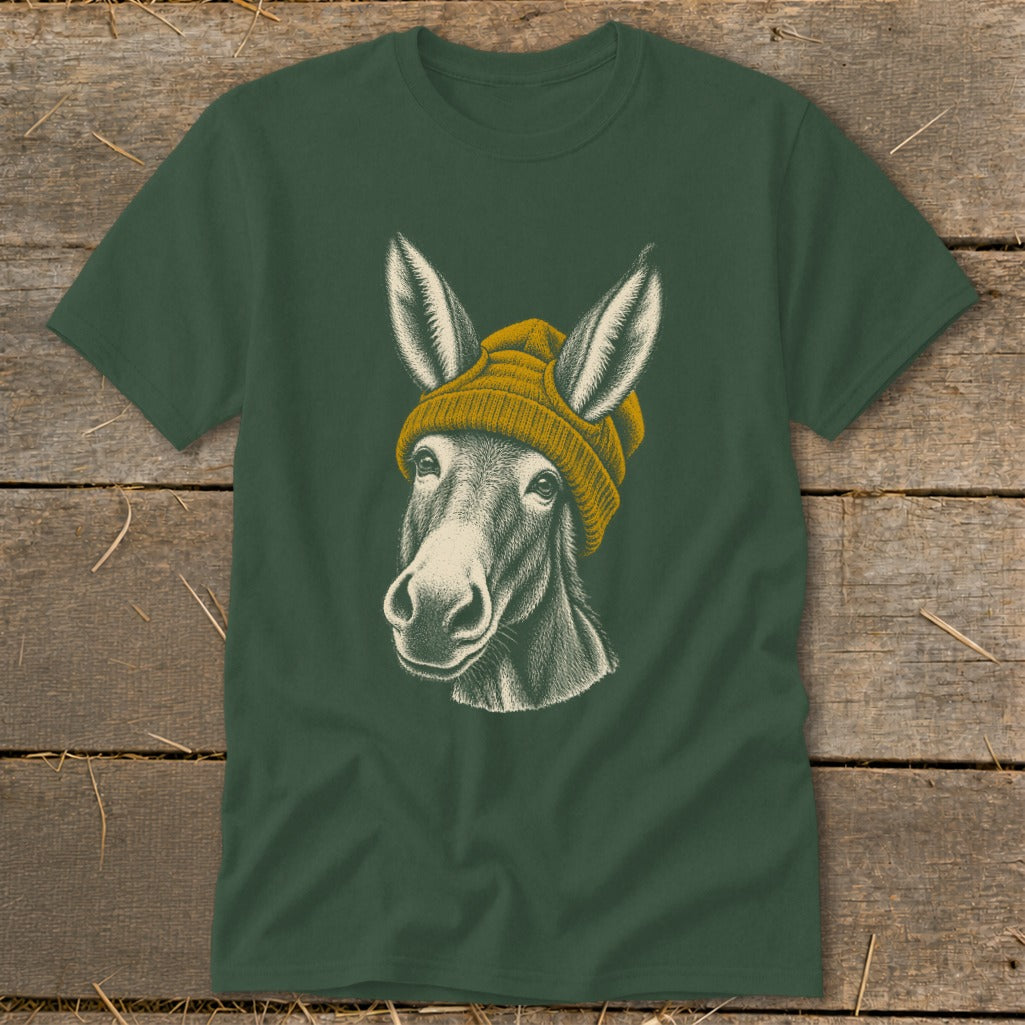 Donkey wearing a yellow beanie, detailed sketch on a green t-shirt.