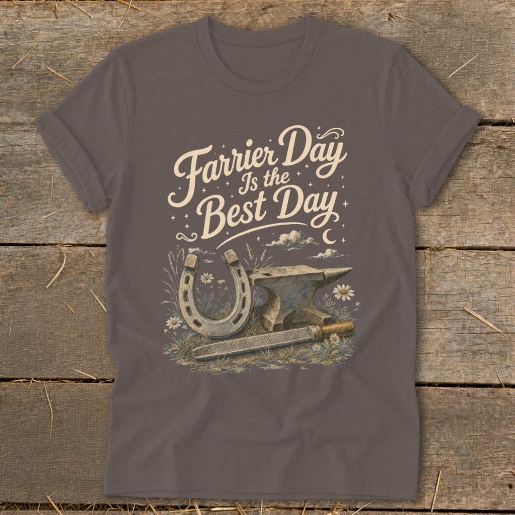 Farrier Day Is the Best Day graphic with horseshoe, anvil, and file on t-shirt.