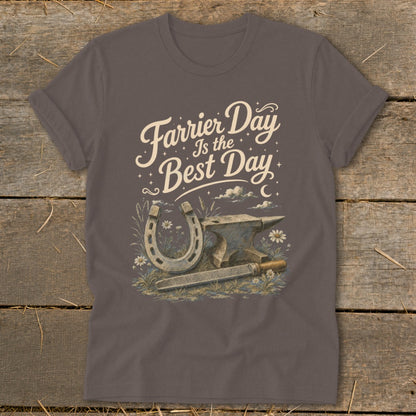 Farrier Day Is the Best Day graphic with horseshoe, anvil, and file on t-shirt.