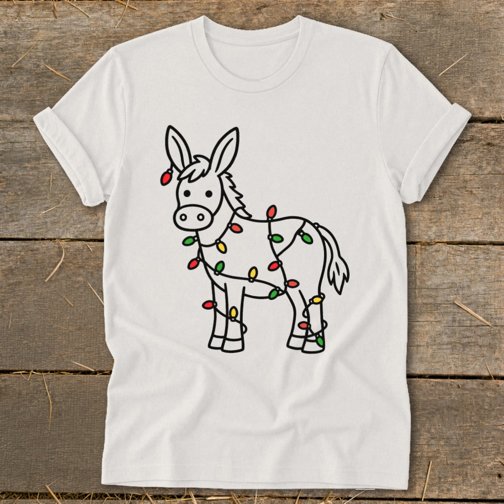 Donkey wrapped in Christmas lights, black outline on white t-shirt.