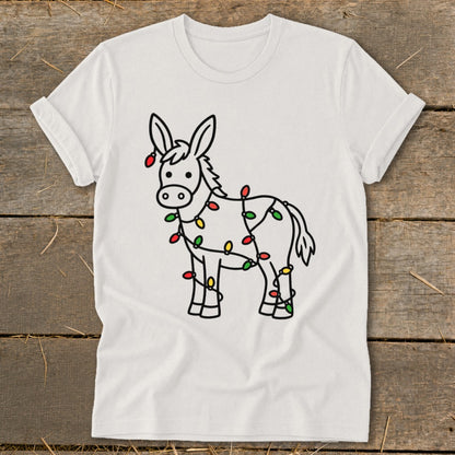 Donkey wrapped in Christmas lights, black outline on white t-shirt.